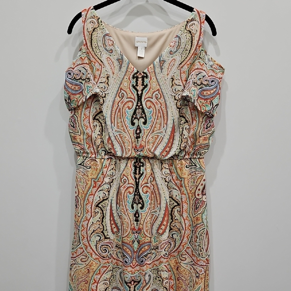 Chico's Orange Paisley Maxi Sundress Cold Shoulder